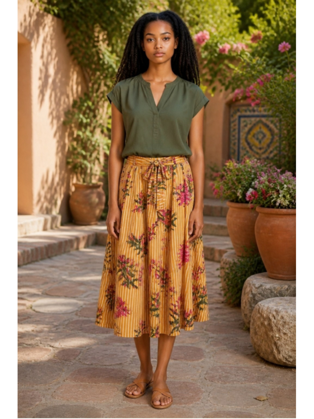 Truly 4 you Midi Skirt Size M Yellow Floral Striped